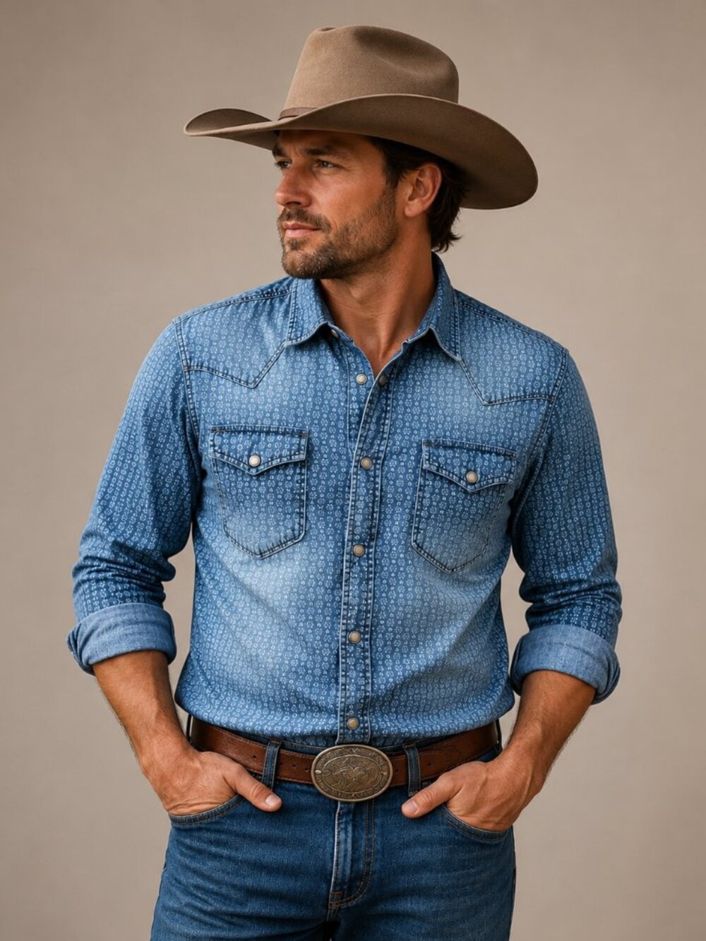Jack and Jones Men's Blue Patterned Denim Shirt Western Style Size M